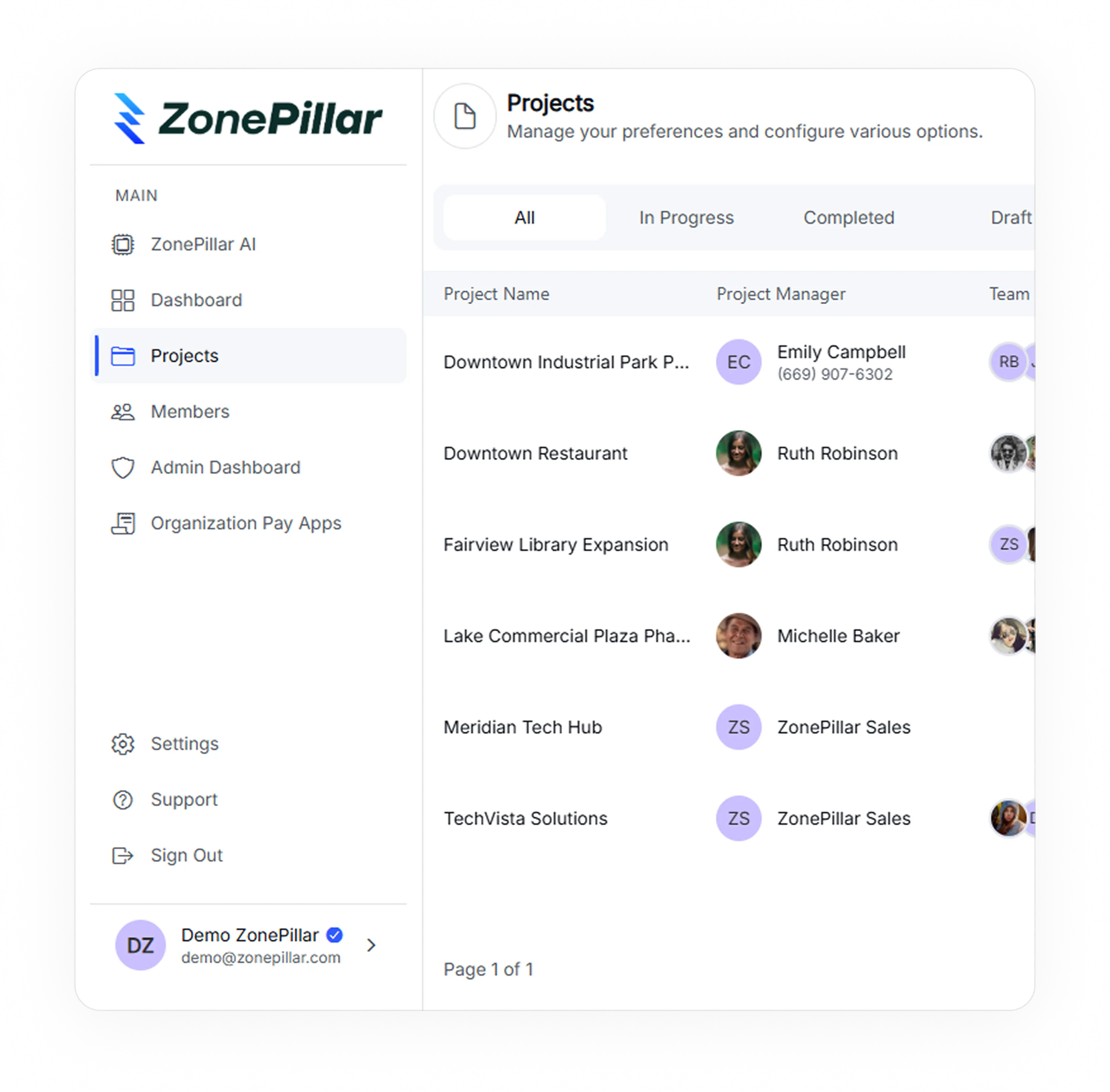 ZonePillar Platform Projects Interface