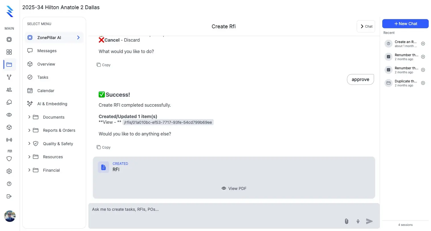 ZonePillar AI after creating an RFI on approval, with the new record and its PDF