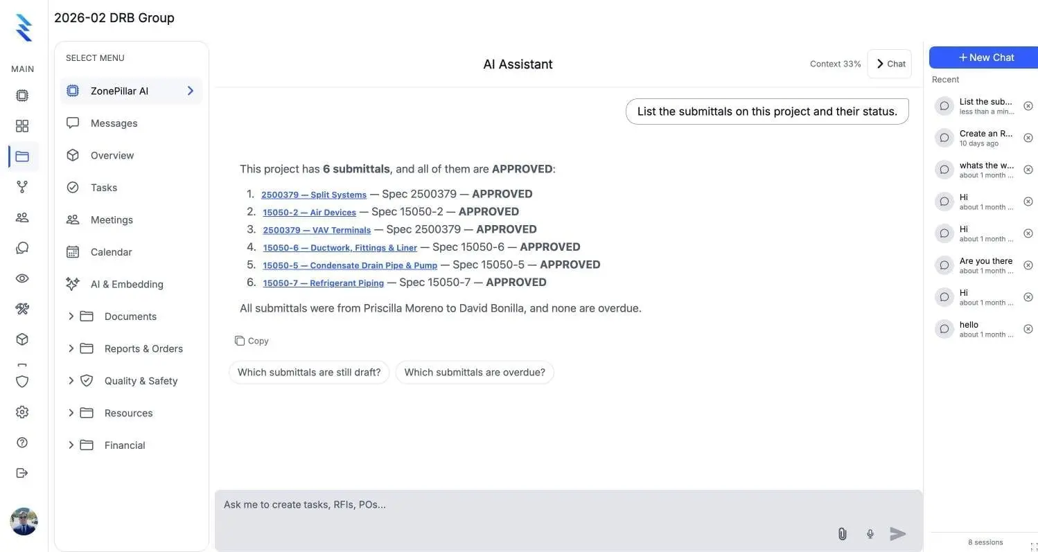 ZonePillar AI listing a project's submittals and their status, each linked to its record