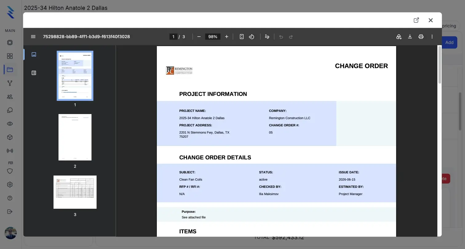 A branded change order PDF opened inside the app