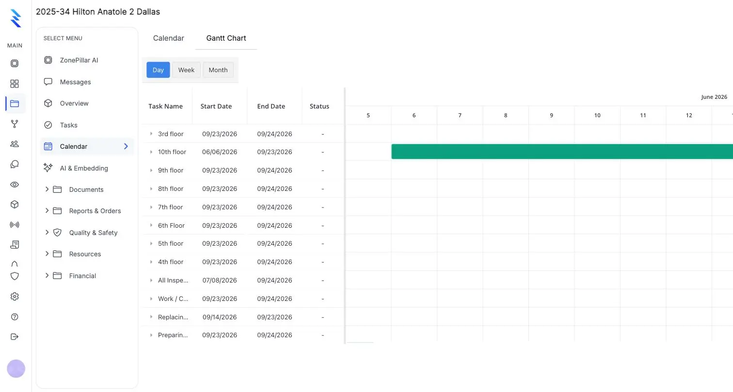 The project calendar in Gantt view