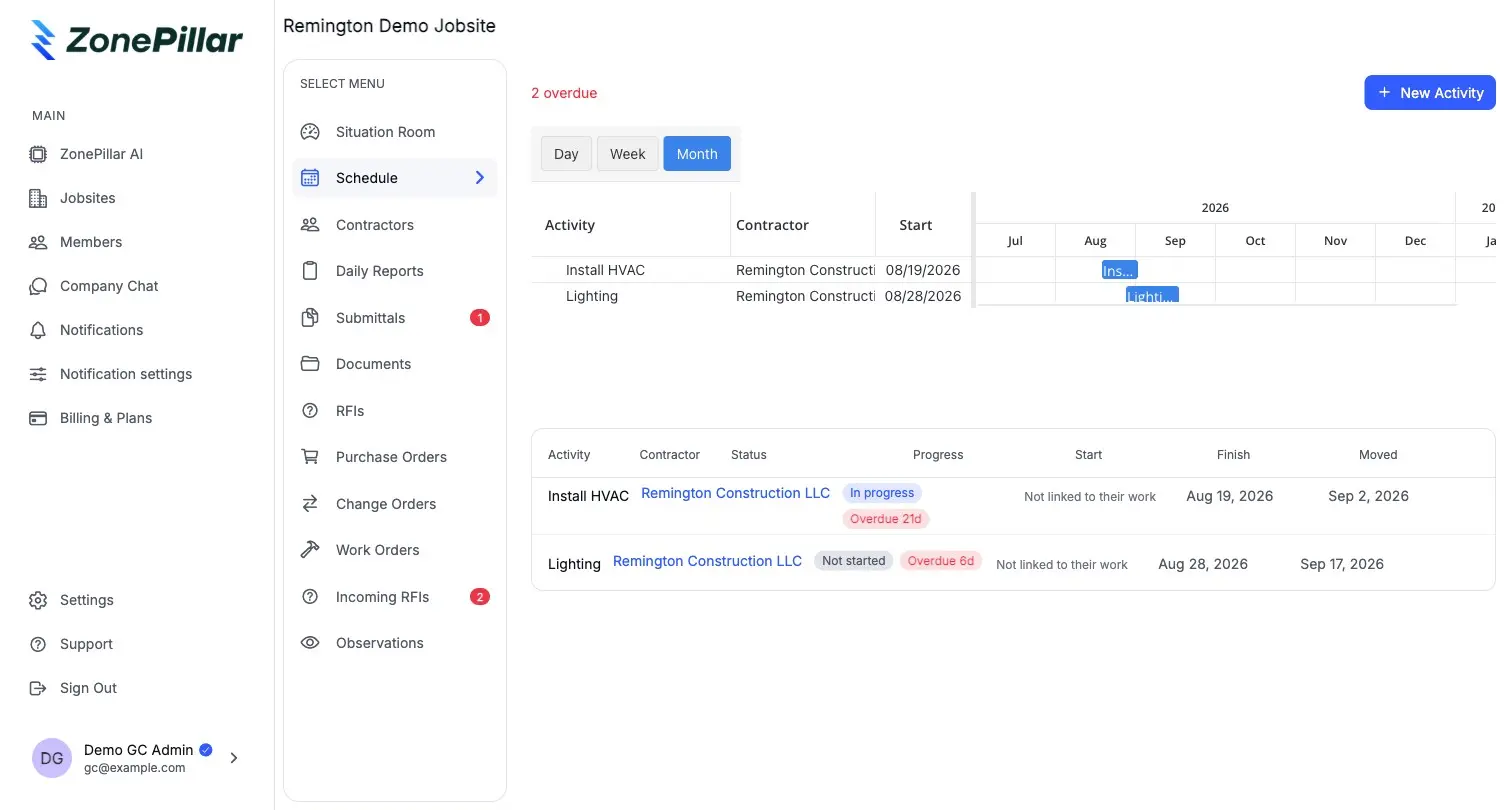 A GC jobsite schedule with activities assigned to a subcontractor, overdue days and a Gantt