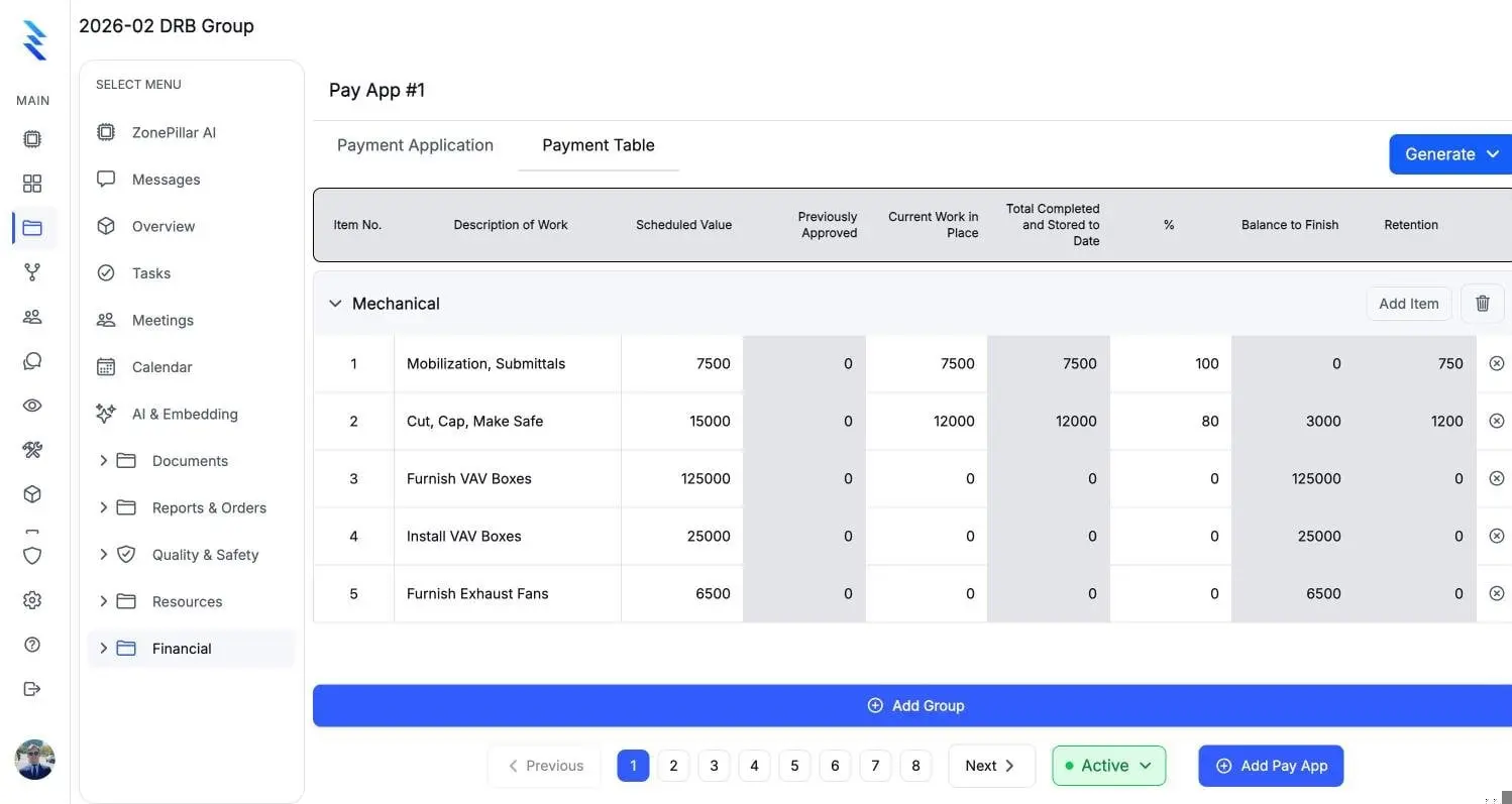 A pay application schedule of values with scheduled value, work completed, percent and retention per line