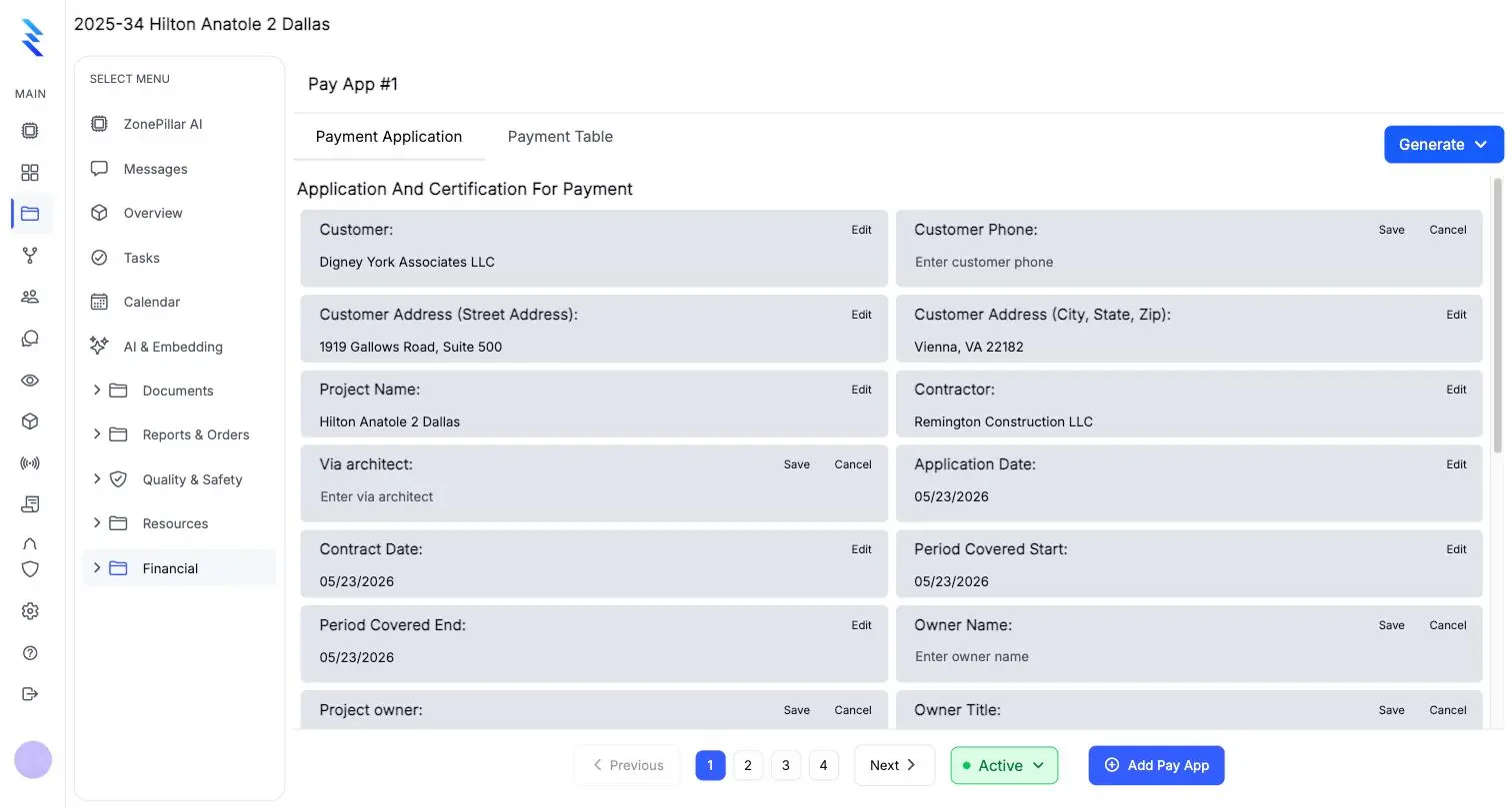 A pay application with customer, contractor, contract and period details