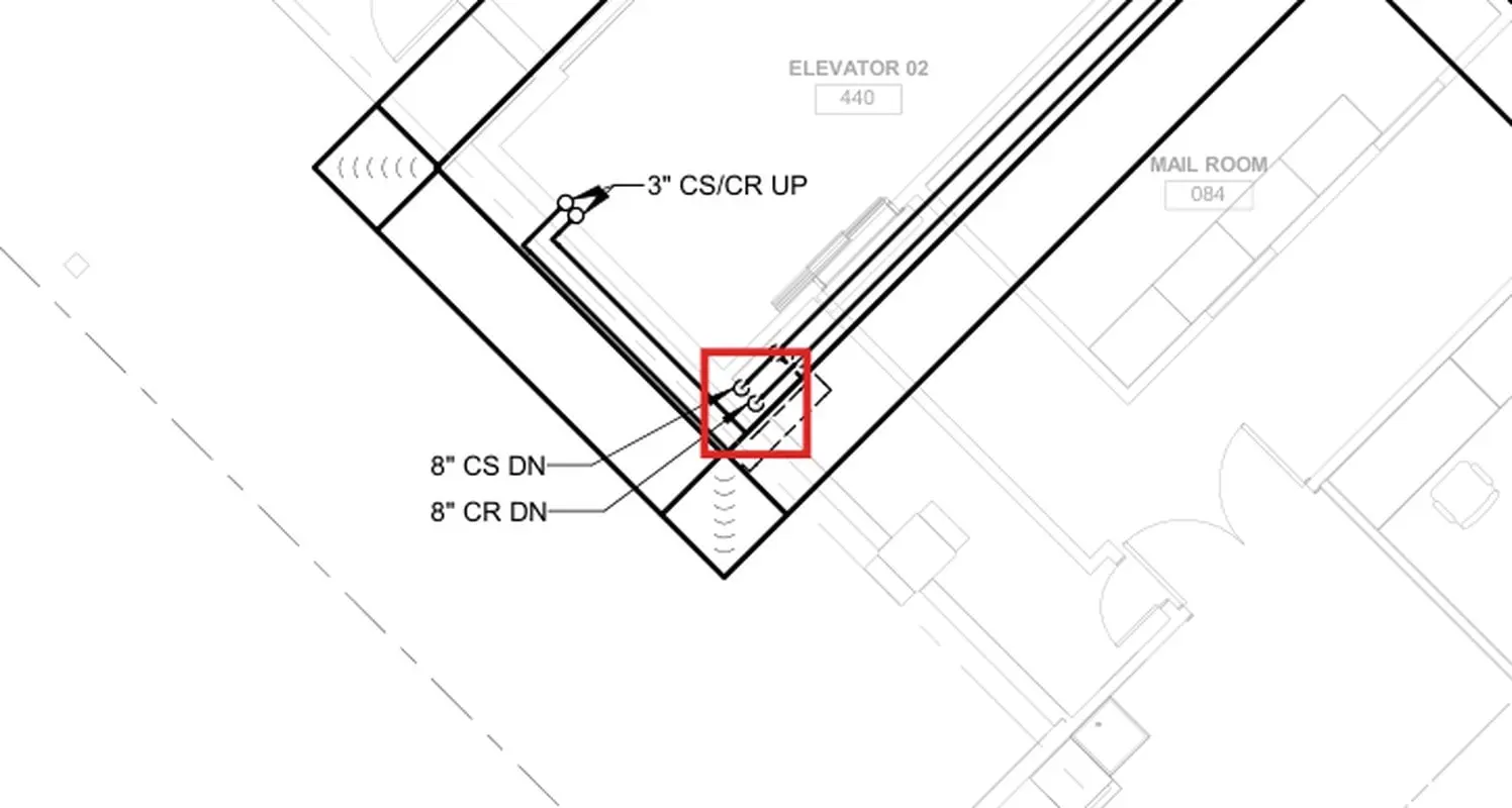 A plan check finding outlined in red on a mechanical floor plan