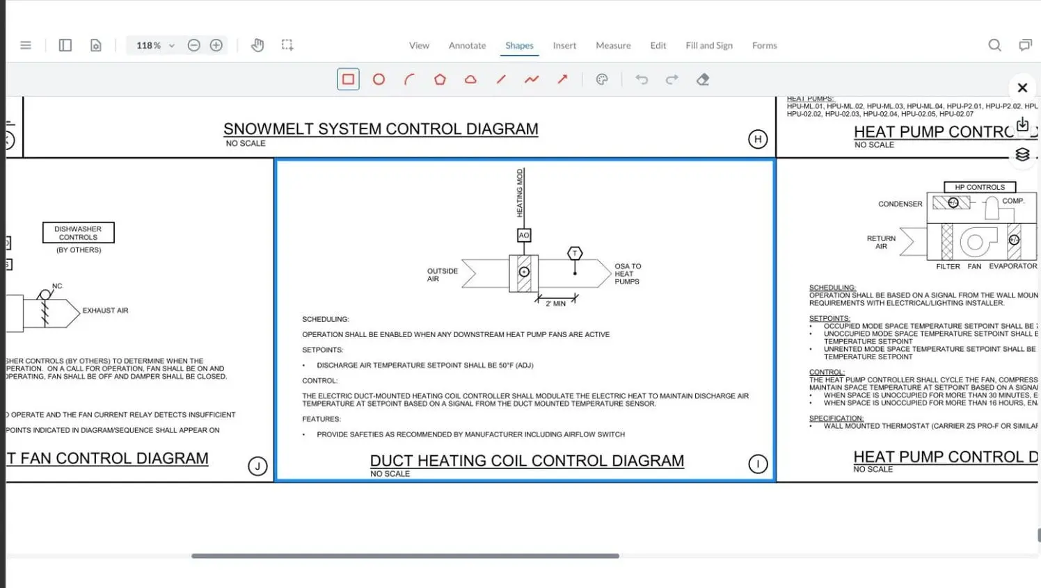 A drawing opened from an AI answer with a box around the duct heating coil control diagram