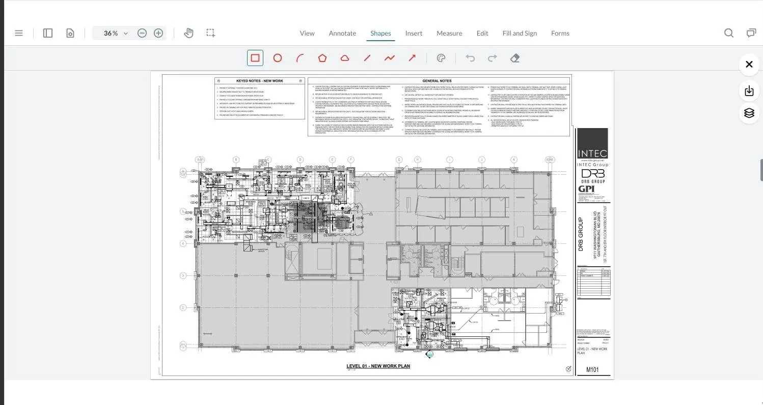 A mechanical floor plan open in the drawing viewer with markup tools