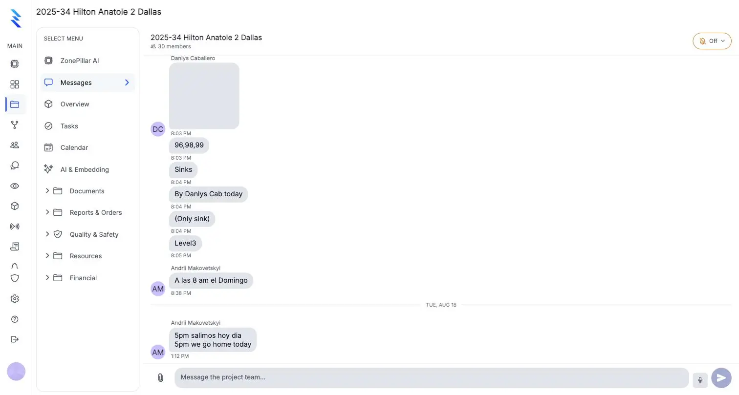A project chat room with crew messages