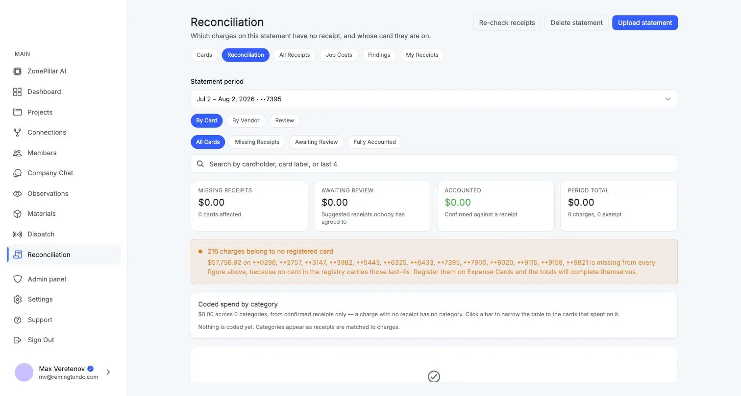 Card statement reconciliation with missing, awaiting and accounted totals