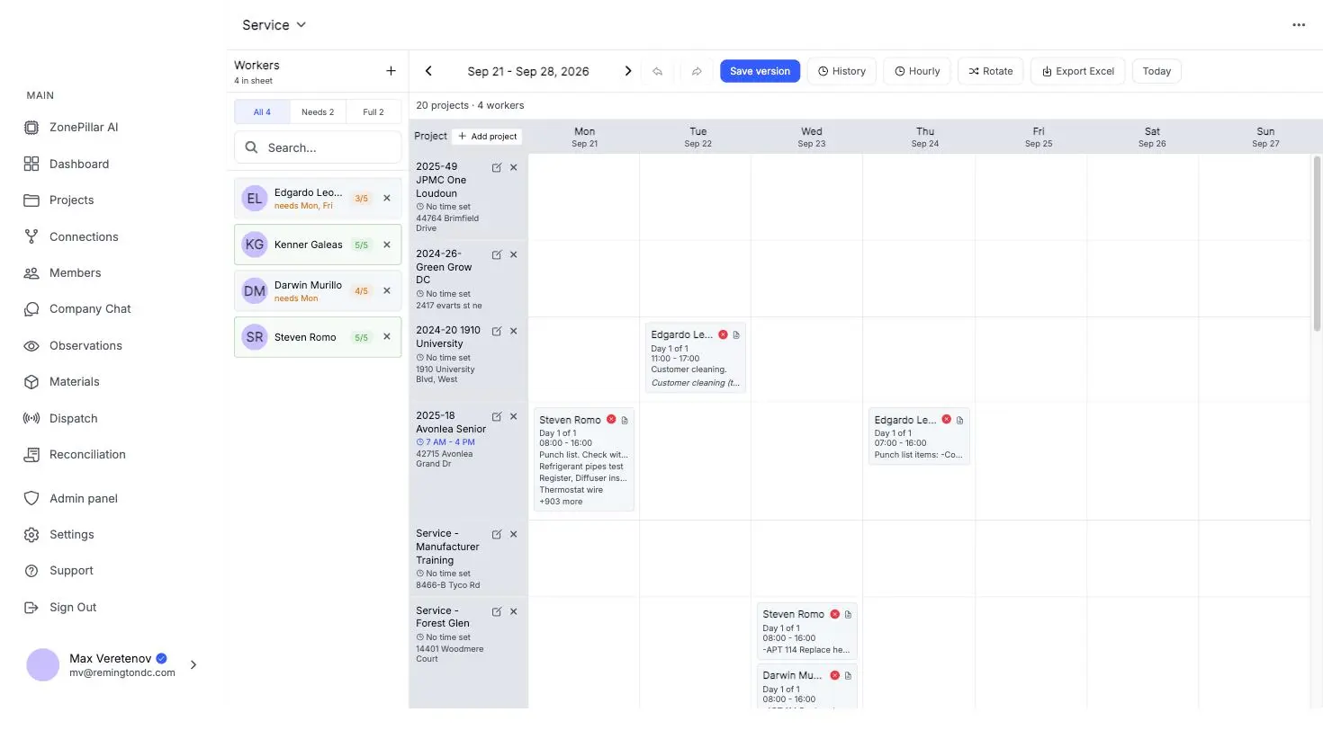 The crew schedule for a week, workers booked onto projects by day