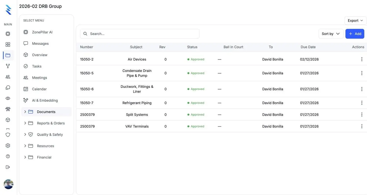 A project's submittals with spec numbers, revisions and approved status