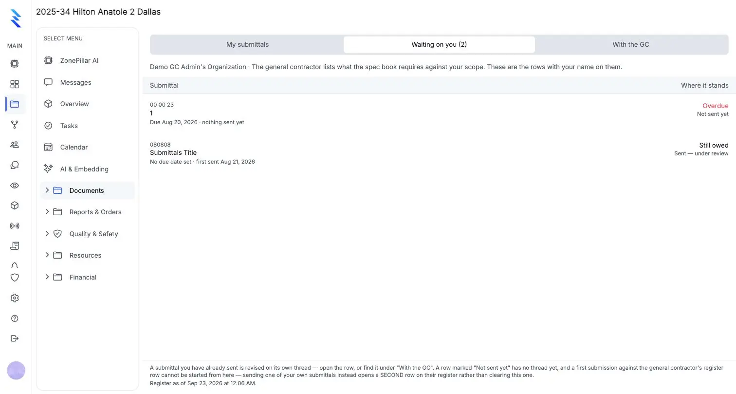 The submittal register showing what the general contractor is waiting on