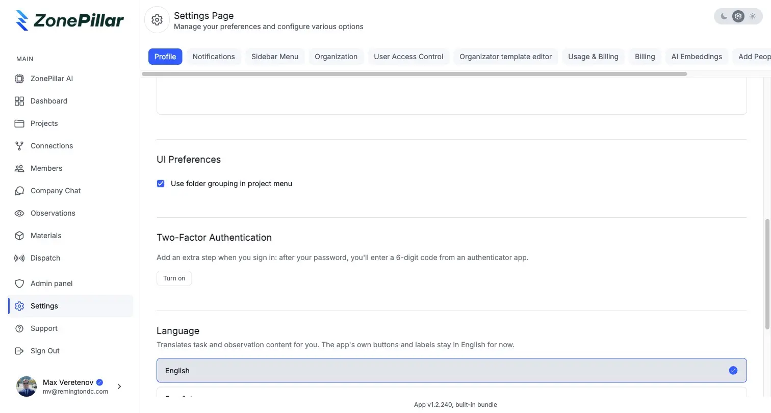 The two-factor authentication section in Settings