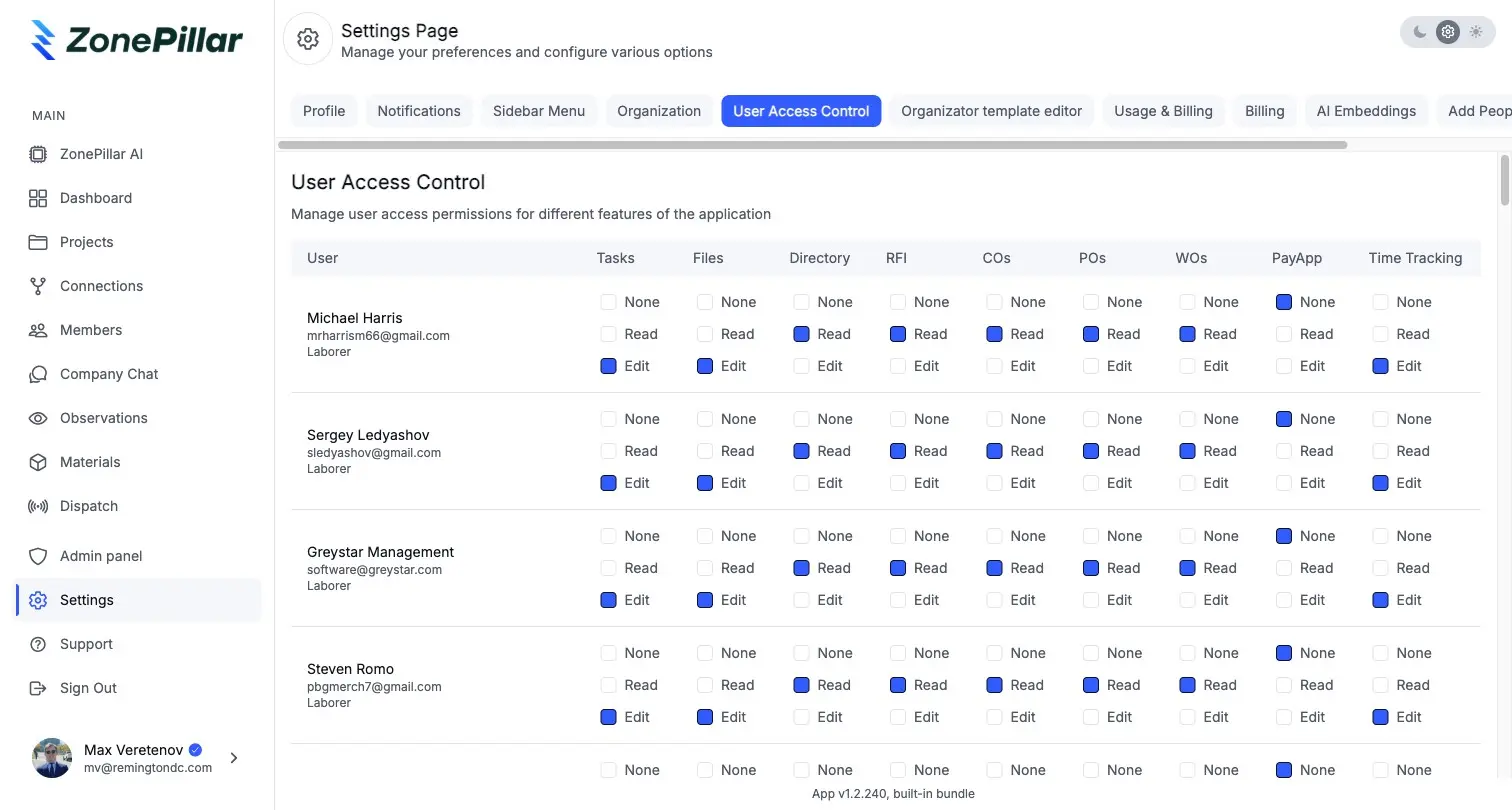 Per-person access to tasks, files, RFIs, orders, pay apps and time tracking