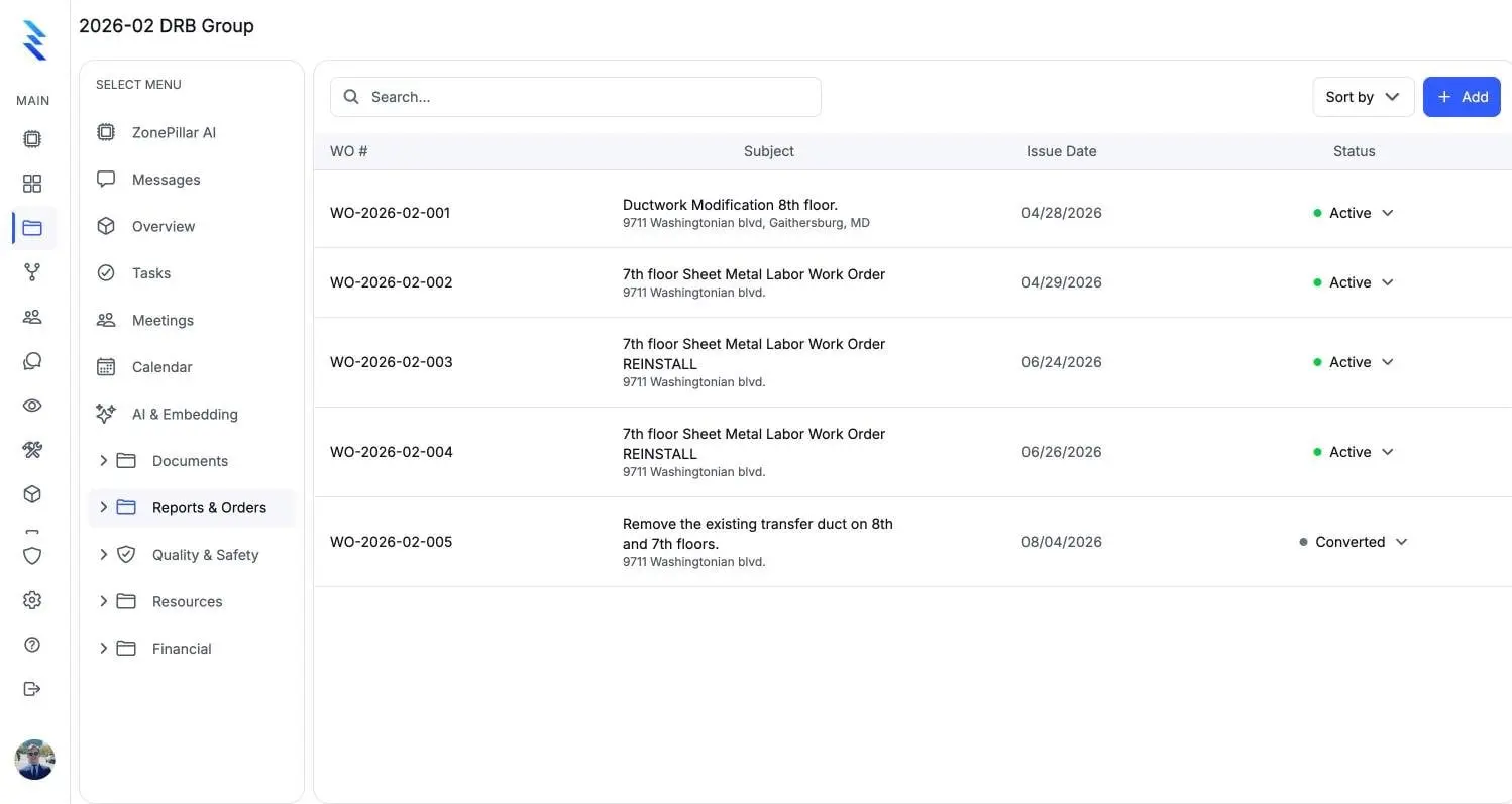 Work orders with numbers, subjects, issue dates and one converted to a change order